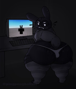 anal_fluids anthro ball_bulge big_butt black_body black_fur bodily_fluids butt clothing computer digging_into_butt ear_piercing electronics eyewear fur glasses grey_clothing grey_hoodie grey_legwear grey_thigh_highs grey_topwear hoodie legwear long_ears looking_back male piercing rear_view round_glasses solo thick_thighs thigh_highs thong topwear underwear wearing_glasses white_clothing white_thong white_underwear pingpongballzie roblox umbra_(pingpongballzie) lagomorph leporid mammal rabbit 2025 distracting_watermark english_description hi_res watermark