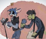 2024 2d_(gorillaz) alternate_species anthro axian6777 biped black_eyes blue_body blue_fur canid canine canis domestic_dog duo electronics fur furrification gorillaz green_body green_fur guitar hi_res holding_tail hyena male mammal microphone microphone_stand murdoc_niccals musical_instrument plucked_string_instrument singing slim_anthro slim_male string_instrument tail white_body white_fur