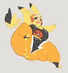 anthro anthrofied beady_eyes belly big_breasts big_butt black_body black_fur breasts bulumble-bee butt cleavage cleft_tail clothed clothing cosplay_pikachu_(character) cosplay_pikachu_(costume) female fur generation_1_pokemon hi_res huge_butt huge_thighs jumping low-angle_view mask midriff navel nintendo open_mouth overweight overweight_anthro overweight_female pikachu pikachu_libre pokemon pokemon_(species) pokemorph short_stack simple_background skinsuit slightly_chubby slightly_chubby_female solo sports_mask sportswear tail thick_thighs tight_clothing wide_hips wrestling_mask yellow_body yellow_fur