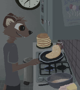 anthro appliance brown_eyes clock clothing cooking detailed_background food grey_clothing grey_shirt grey_t-shirt grey_topwear kitchen male open_mouth open_smile pancake shirt smile solo stove t-shirt topwear demensa mammal mustelid musteline true_musteline weasel 2021 digital_media_(artwork) pixel_(artwork)