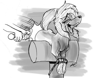 bdsm bent_over bondage bound butt_slap collar disembodied_hand dominant duo eyes_closed female feral happy leash open_mouth paddle raised_tail slap smile solo_focus spanking studded_collar studs submissive tail tiquitoc disney oliver_and_company rita_(disney) human mammal greyscale monochrome