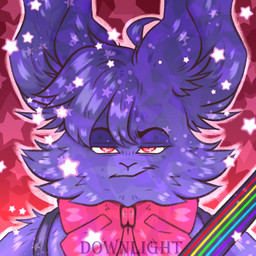 alternate_species anthro cheek_tuft electric_guitar eyebrows facial_tuft fur furrification guitar hair half-closed_eyes head_tuft inner_ear_fluff looking_at_viewer male musical_instrument narrowed_eyes plucked_string_instrument purple_body purple_fur purple_hair red_background red_eyes ribbons simple_background smile solo star string_instrument tuft downlight five_nights_at_freddy's scottgames bonnie_(fnaf) lagomorph leporid mammal rabbit 1:1 2020