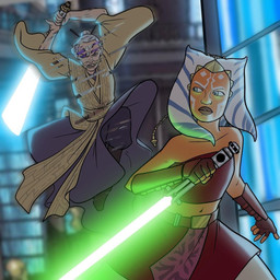 adolescent age_difference bandeau blue_eyes blue_lekku blue_lightsaber border bottomwear breasts clothing crop_top duo elderly_female female female_adolescent fight green_lightsaber inside lekku_(anatomy) light_body light_skin midriff miniskirt navel not_furry orange_body orange_skin shirt skirt text topwear tube_top white_border white_lekku young unknown_artist star_wars star_wars:_the_clone_wars ahsoka_tano cato_parasitti jocasta_nu alien alien_humanoid clawdite human humanoid mammal togruta 1:1 english_text