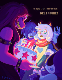 ambiguous_gender ambiguous_human anniversary anthro armband bracelet cake candle clothed clothed_ambiguous clothed_anthro clothed_female clothed_human clothed_male clothing dessert eyelashes female female_anthro femboy food freckled_face freckled_shoulders freckles gift hair hair_over_eye half-moon_glasses heart_symbol holding_cake holding_food holding_object holding_present jewelry lit_candle long_hair male male_anthro medium_hair scarf spiked_armband spiked_bracelet spikes star text smbdylsss deltarune undertale_(series) kris_dreemurr lancer_(deltarune) ralsei susie_(deltarune) bovid caprine darkner goat human mammal monster scalie 2025 digital_media_(artwork) digital_painting_(artwork) english_text hi_res painting_(artwork) nonbinary_(lore)