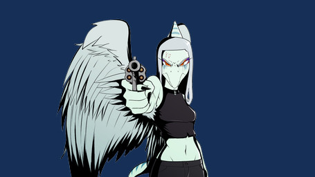 angry anthro biped black_bottomwear black_clothing black_crop_top black_pants black_shirt black_topwear blood blood_on_face blue_body bodily_fluids bone_frill bottomwear breasts clothed clothed_anthro clothed_female clothing crop_top crying elbow_feathers feathered_wings feathers female fingers frill_(anatomy) front_view frown grey_body grey_feathers grey_hair gun hair handgun holding_gun holding_handgun holding_object holding_ranged_weapon holding_revolver holding_weapon humanoid_hands long_hair looking_at_viewer markings medium_breasts midriff navel non-mammal_breasts non-mammal_navel orange_eyes pants pointing_gun_at_viewer ranged_weapon revolver shirt short_tail simple_background solo striped_markings stripes tail tears topwear transparent_background weapon wings unknown_artist cavemanon_studios goodbye_volcano_high ko_op_(game_developer) snoot_game fang_(gvh) prehistoric_species pterosaur reptile scalie 16:9 alpha_channel colored half-length_portrait hi_res portrait shaded widescreen