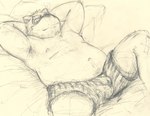 anthro armpit_hair belly body_hair bulge clothing kemono lying male moobs navel overweight overweight_male solo underwear diru11 canid canine mammal raccoon_dog tanuki 2014 sketch