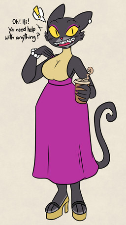 anthro beverage big_breasts bottomwear bracelet braces breasts clothing coffee coffee_cup container cup ear_piercing ear_ring female footwear high_heels jewelry long_skirt looking_at_viewer pearl_bracelet piercing pupils ring_piercing shoes side_boob skirt slit_pupils smile solo talking_to_viewer text yellow_eyes nerdyreindeer domestic_cat felid feline felis mammal 9:16 english_text hi_res