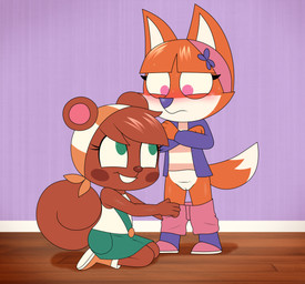 anthro assisted_exposure bangs blunt_bangs blush blush_stickers bottomwear bottomwear_down buckteeth clothed clothing crossed_arms dipstick_tail duo embarrassed female fur genitals green_eyes markings on_ground orange_body orange_fur pantsing partially_clothed pink_eyes predator/prey shorts shorts_down tail tail_markings teeth vulva white_body white_fur young young_anthro young_female takaneru murphy_and_mitzi mitzi_(ajmarekart) vivian_(ajmarekart) canid canine fox mammal rodent sciurid tree_squirrel absurd_res hi_res