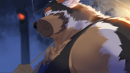 anthro brown_body brown_fur clothing fur holding_object holding_umbrella looking_at_viewer male multicolored_body multicolored_fur outside raining shirt smile solo tank_top topwear umbrella white_body white_fur bogexboog haki_(bogexboog) canid canine canis domestic_dog mammal 16:9 2020 animated hi_res long_playtime loop no_sound video widescreen
