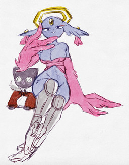 anthro avian_feet big_breasts black_body black_eyes black_fur blind breasts cheek_tuft clothing disability duo facial_tuft female floppy_ears forehead_gem front_view fur fur_coat gem lop_ears prosthetic prosthetic_leg prosthetic_limb shirt simple_background sitting smile thick_thighs topwear tuft tunic white_background wide_hips le_(artist) nine_sols red_candle_games chien_(nine_sols) goumang_(nine_sols) felid feline mammal solarian hi_res