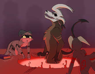 animal_genitalia anthro black_body black_sclera bodypaint bone book brown_body brown_fur butt christian_cross christian_symbol cross crucifix face_paint female fur genitals group horn kneeling looking_down male markings nude penis red_body religion religious_symbol sheath simple_background skull skull_head spellbook summoning summoning_circle tail teeth tongue trio yellow_sclera koboldklaws christianity narissa_(koboldklaws) demon kobold scalie absurd_res hi_res