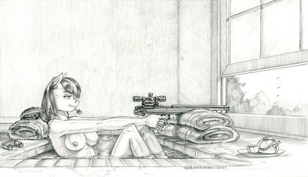 anthro bath beverage big_breasts binoculars breasts female gun headgear nude ranged_weapon rifle sniper_rifle solo tea teapot towel water weapon window baron_engel friendship_is_magic hasbro my_little_pony coco_pommel_(mlp) earth_pony equid equine horse mammal pony graphite_(artwork) story story_in_description traditional_media_(artwork)
