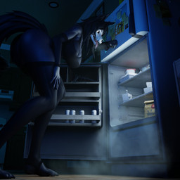anthro appliance bent_over big_breasts big_butt black_body black_hair bone breasts butt cleavage clothed clothing female fridge hair inside kitchen_appliance legwear low-angle_view midnight_snack open_mouth skull skull_head solo standing tail thigh_highs tongue tongue_out white_eyes vllrukkin monolitwec_(modeler) scp_foundation scp-1471-a canid canine malo mammal 1:1 3d_(artwork) digital_media_(artwork) hi_res