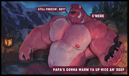 5_fingers anthro areola arm_hair beard biceps big_muscles big_pecs black_border black_claws black_nose black_pawpads body_hair border broad_shoulders chest_hair claws countershade_face countershade_fur countershade_neck countershading daddy_kink deltoids detailed_background dialogue eyebrows facial_hair finger_claws fingers forearm_muscles forest forest_background front_view fur grin grinning_at_viewer hair happy_trail humanoid_hands lamp lantern looking_at_viewer male manly mature_male mountain multicolored_body multicolored_fur musclegut muscular muscular_anthro muscular_arms muscular_male mustache nature nature_background navel night nipples nude outside partially_submerged pawpads pecs pink_areola pink_beard pink_body pink_eyebrows pink_facial_hair pink_fur pink_hair pink_mustache pink_nipples plant reaching_towards_viewer relaxing short_hair sitting smile smiling_at_viewer solo speech_bubble talking_to_viewer text thick_arms tree triceps two_tone_body two_tone_fur wet wet_body wet_fur white_body white_fur marius_tygo rex_(furrybeefrex) bear mammal digital_media_(artwork) english_text