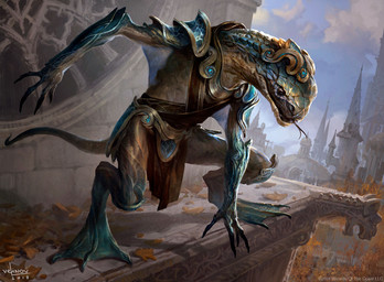 anthro armor brick brick_wall building city crouching detailed_background feet forked_tongue green_body leaf looking_down male membrane_(anatomy) pauldron plant ravnica solo tail toes tongue tongue_out tower tree wall_(structure) webbed_feet svetlin_velinov hasbro magic:_the_gathering wizards_of_the_coast reptile scalie snake hi_res official_art