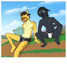 anthro backwards_hat black_clothing black_underwear briefs building bulge clothed clothing duo feet grass hat headgear headwear house humanoid_feet male navel nipples plant plantigrade sky smile smiling_at_viewer smirk smirking_at_viewer tighty_whities underwear underwear_only white_briefs white_clothing white_underwear fuze fuzeyeen avian bird corvid corvus_(genus) crow hyena mammal oscine passerine 1:1 hi_res