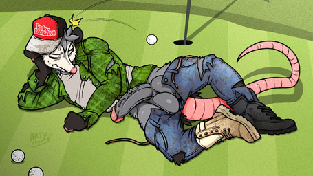 annoyed anthro balls biped black_body black_clothing black_footwear black_fur black_hat black_headwear black_shoes black_whiskers blue_bottomwear blue_clothing blue_pants bodily_fluids bottomwear bottomwear_down clothed clothed_anthro clothed_male clothing cross-popping_vein emanata erection flash_emanata footwear fur genitals glans glistening glistening_balls glistening_eyes glistening_genitalia glistening_glans glistening_penis golf_ball golf_club golf_course green_clothing green_jacket green_topwear grey_balls grey_body grey_fur grey_penis hairless_tail hand_on_head hat headgear headwear humanoid_genitalia humanoid_penis jacket lying male male_anthro mismatched_genitalia mismatched_humanoid_penis mismatched_penis mouth_closed multicolored_body multicolored_clothing multicolored_fur multicolored_headgear multicolored_headwear on_ground on_side one_eye_closed open_bottomwear open_clothing open_jacket open_pants open_topwear pants pants_down partially_clothed partially_clothed_anthro partially_clothed_male pattern_clothing pattern_jacket pattern_topwear penis pink_glans pink_nose pink_tail red_clothing red_hat red_headwear shirt shoes solo sweat tail tan_clothing tan_footwear tan_shoes tapering_tail text text_on_clothing text_on_hat text_on_headwear topwear torn_bottomwear torn_clothing torn_jacket torn_pants trucker_hat undershirt vein veiny_penis whiskers white_body white_clothing white_fur white_hat white_headwear white_shirt white_topwear arty_the_frog american_opossum mammal marsupial virginia_opossum 16:9 2026 artist_name digital_media_(artwork) hi_res widescreen