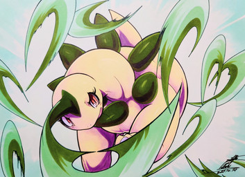 action_pose ambiguous_gender blush blush_lines eyelashes feral looking_at_viewer open_mouth pink_eyes pose simple_background solo tail tan_body 025aki nintendo pokemon bayleef generation_2_pokemon pokemon_(species) 2025 absurd_res dated hi_res signature