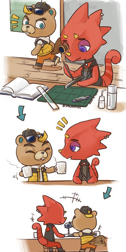 alternative_fashion anthro artist backwards_baseball_cap backwards_hat baseball_cap beverage blue_eyes book buckteeth butt chibi choker clothing coffee container contextual_arrow cup directional_arrow duo eyes_closed eyewear freckles hat headgear headwear holding_container holding_cup holding_object jewelry male necklace punk purple_eyes red_body red_scales scales sequential_arrow sunglasses tan_body teeth wide_arrow sagami62 animal_crossing nintendo c.j._(animal_crossing) flick_(animal_crossing) beaver chameleon lizard mammal reptile rodent scalie 2020 comic hi_res