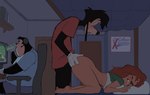ambiguous_penetration anthro ass_up barefoot bed bedroom black_body black_eyebrows black_fur black_hair black_nose blue_bottomwear blue_clothing blue_shirt blue_shorts blue_text blue_topwear book bottomless bottomwear brown_body brown_fur brown_nose chair clothed clothed_anthro clothed_female clothed_male clothing computer desk doggystyle door drinking ear_piercing electronics eyebrows feet female female_anthro french_kissing from_behind_position fur furniture gloves green_clothing green_shirt green_topwear group hair half-closed_eyes handwear hug inside intraspecies kissing long_hair male male/female male_anthro midriff monitor mostly_nude mouth_closed multicolored_body multicolored_fur narrowed_eyes obese obese_anthro obese_male office_chair overweight overweight_anthro overweight_male pants partially_clothed penetration piercing poster red_clothing red_hair red_shirt red_topwear sex shelf shirt shirt_only short_hair shorts sitting snout standing t-shirt table tan_body tan_fur text topwear topwear_only trio two_tone_body two_tone_fur white_clothing white_gloves white_handwear amugea disney goof_troop max_goof pj_(goof_troop) roxanne_rover canid canine canis domestic_dog mammal absurd_res english_text hi_res