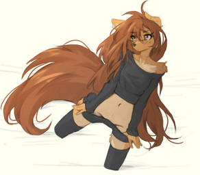 anthro biped breasts clothed clothed_anthro clothed_female clothing countershade_torso countershading female fingers front_view fur hair kneeling navel simple_background solo tail tattoo tinygaypirate apogee_(tinygaypirate) canid canine canis domestic_dog mammal 2026 absurd_res digital_drawing_(artwork) digital_media_(artwork) hi_res