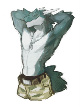 2_horns accessory anthro athletic athletic_anthro athletic_male barazoku belt biped blue_body blue_eyes blue_skin bottomwear clothed clothing countershade_face countershade_neck countershade_torso countershading dog_tag_necklace dog_tags green_body green_bottomwear green_clothing green_countershading green_eyes green_pants green_skin hands_behind_back hands_behind_head head_horn horn jewelry looking_at_viewer male male_anthro military military_pants mouth_closed multicolored_body multicolored_skin muscular muscular_anthro muscular_male necklace neckwear pants pants_only pecs pose simple_background smile solo spiked_arms spiked_head spiked_tail spikes spikes_(anatomy) tail topless topless_anthro topless_male two_tone_body two_tone_face two_tone_skin white_background white_horn halybs mythology dragon mythological_creature mythological_scalie reptile scalie colored digital_drawing_(artwork) digital_media_(artwork) light_theme portrait sketch three-quarter_portrait