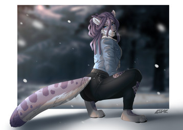 anthro barefoot black_pawpads bottomwear butt butt_focus claws clothing crouching denim denim_clothing denim_jacket denim_topwear dreadlocks feet female jacket looking_at_viewer looking_back looking_back_at_viewer markings pants pawpads paws plantigrade solo squats tail tail_markings toes topwear lesspie legend_of_ahya natalia_ruyemov_(darkflamewolf) felid feline leopard mammal pantherine snow_leopard 2022 absurd_res hi_res