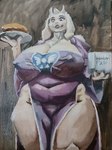 anthro belly big_breasts breasts clothing curvy_figure dress female front_view holding_object huge_breasts huge_thighs navel_outline nipple_outline slightly_chubby solo standing thick_thighs venus_figure voluptuous wide_hips dixxbedru undertale undertale_(series) toriel bovid caprine goat mammal absurd_res hi_res meme oil_painting_(artwork) painting_(artwork) portrait three-quarter_portrait traditional_media_(artwork)