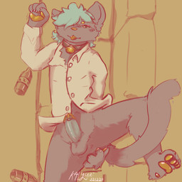 alcohol anal anal_fingering anthro balls beer_bottle bell bell_collar beverage blue_hair blush bottle clothing collar container drunk erection fingering fur furniture genital_piercing genitals grey_body grey_fur hair humanoid_genitalia humanoid_penis male penis piercing shirt simple_background sofa solo submissive submissive_male substance_intoxication topwear kalystri felid feline mammal 1:1 colored_sketch hi_res sketch
