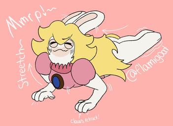 2_toes 4_fingers all_fours anthro arms_bent black_eyebrows blonde_hair bottomless bottomless_anthro bottomless_female closed_smile clothed clothed_anthro clothed_female clothing eyebrow_through_hair eyebrows eyes_closed feet female female_anthro fingers fur gem hair long_ears long_hair motion_lines mouth_closed multicolored_body pink_background pink_clothing pink_shirt pink_topwear sapphire_(gem) shirt simple_background smile solo stretching tan_body tan_eyelids tan_inner_ear tan_skin text toes topwear translucent translucent_hair two_tone_body white_body white_fur flamigoat mario_bros mario_plus_rabbids_kingdom_battle nintendo raving_rabbids rayman_(series) ubisoft rabbid_peach lagomorph mammal rabbid 2024 artist_name crossover digital_drawing_(artwork) digital_media_(artwork) english_description english_text flat_colors hi_res