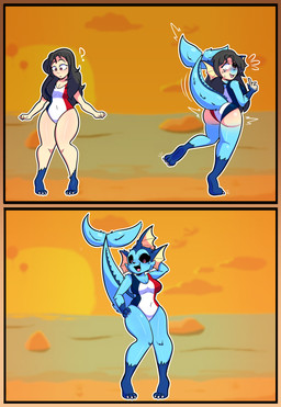 anthro beach black_sclera blue_body blue_fur breasts brown_hair butt clothing cloud female fur gloves_(marking) growth hair human_to_anthro leg_markings markings on_one_leg one-piece_swimsuit open_mouth outside question_mark red_eyes smile socks_(marking) solo species_transformation standing sunset surprised swimwear tail tail_growth transformation water zipher0null nintendo pokemon eeveelution generation_1_pokemon human mammal pokemon_(species) vaporeon 2025 absurd_res comic digital_media_(artwork) hi_res