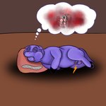 1:1 anus balls bodily_fluids butt cuddlybloodily drooling drop_shadow duo erection eyes_closed female feral fluffy_pony fluffy_pony_(species) fur genitals hi_res male mammal penis pillow purple_body purple_fur pussy saliva sid_(cuddlybloodily) simple_background sleeping suina thought_bubble