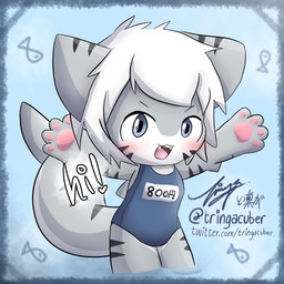 4_fingers ambiguous_gender anthro apron blue_background blue_eyes blush chibi clothing dialogue fin fingers greeting grey_body hair heart_symbol looking_at_viewer open_mouth pawpads paws price price_listing price_tag raised_arms shark_tail simple_background solo spread_arms talking_to_viewer teeth text white_body white_hair tringa changed_(video_game) tiger_shark_(changed) aquatic fish shark 1:1 english_text hi_res korean_text url