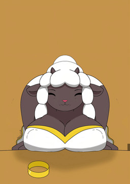 accessory anthro ass_up big_breasts big_ears biped blush breasts brown_body chubby_cheeks clothed clothing clothing_lift collar dress eyebrows eyelashes eyes_closed female fur hooves horn jewelry looking_at_viewer mature_female nipple_outline nipples open_mouth outside pantsless pink_nose simple_background solo tail text wide_hips wool_(fur) wool_hair anuvisur_(artist) nintendo pokemon generation_8_pokemon pokemon_(species) wooloo absurd_res hi_res