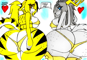 accessory anthro big_breasts big_butt bikini blonde_hair breasts butt clothing curvy_figure duo eyebrows eyelashes eyelashes_through_hair female freckled_breasts freckled_butt freckled_face freckled_legs freckled_thighs freckles fur gold_bikini hair hair_accessory hairband heart_symbol huge_breasts huge_butt long_eyelashes long_hair looking_at_viewer looking_back multicolored_body multicolored_fur nipple_outline ponytail raised_tail rear_view requesting sex_request standing striped_body striped_fur stripes swimwear tail translucent translucent_hair two-piece_swimsuit two_tone_body two_tone_fur two_tone_tail voluptuous white_body white_fur white_tail wide_hips yellow_body yellow_fur yellow_tail theloanwanderer216 golden_week mihoyo pseudoregalia zenless_zone_zero pulchra_fellini sybil_(pseudoregalia) bovid caprine felid feline goat hybrid lagomorph leporid mammal rabbit thiren 2026 hi_res traditional_media_(artwork)