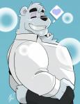 anthro belly blue_background bottomwear butt clothing eyes_closed heart_symbol humanoid_hands male overweight overweight_anthro overweight_male pants shirt simple_background solo topwear hikazedragon aggretsuko sanrio shirota_(aggretsuko) bear mammal polar_bear ursine 2019 absurd_res hi_res