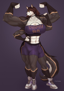 3_legs 4_arms abs anthro black_nose breasts brown_hair clothed clothed_anthro clothed_female clothing countershading female female_anthro fingers footwear fully_clothed fully_clothed_anthro fully_clothed_female fur furry_tail hair looking_at_viewer mouth_closed multi_arm multi_leg multi_limb muscular muscular_anthro muscular_female navel purple_clothing purple_topwear simple_background smile smiling_at_viewer solo tail text text_on_clothing text_on_topwear topwear white_body white_countershading rivivva brieanna_wollf canid canine canis mammal wolf 2023 artist_name digital_media_(artwork) full-length_portrait hi_res portrait