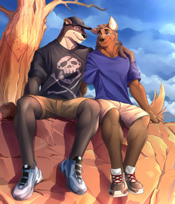 anthro arm_around_shoulders athletic baseball_cap biped black_baseball_cap black_claws black_clothing black_shirt black_topwear blue_clothing blue_eyes blue_footwear blue_shirt blue_shoes blue_sky blue_sneakers blue_topwear bone_print bottomwear branch brown_body brown_bottomwear brown_clothing brown_fur brown_hair brown_nose brown_shorts carving claws cliff closed_smile clothing cloud dead_tree duo ear_piercing eye_contact fangs finger_claws fluffy fluffy_tail footwear fur hair hand_on_ground hand_on_shoulder hat headgear headwear heart_symbol hug inner_ear_fluff legs_over_edge light_body light_fur looking_at_another male male/male mouth_closed multicolored_body multicolored_fur neck_tuft open_mouth piercing plant romantic romantic_couple shirt shoes short_fur shorts sitting skull_print skull_symbol sky smile sneakers spread_legs spreading tail tan_bottomwear tan_clothing tan_shorts teeth text text_in_heart topwear tree tuft whiskers purtropos echo_(game) echo_(series) echo_project sydney_bronson tobey_adler_(meikame) canid canine canis coyote mammal mustelid otter 2023 english_text hi_res signature