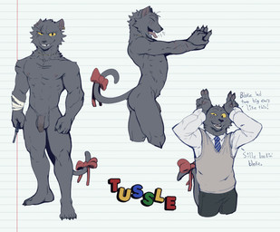 accessory anthro balls black_body black_fur bow_ribbon clipped_ear clothing ear_piercing eye_scar facial_scar fur genitals male necktie nude_male penis piercing scar sweater sweater_vest tail topwear vest jrjresq tussle_(jrjresq) domestic_cat felid feline felis mammal hi_res sketch_page