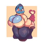anthro big_breasts blue_body bottomwear breasts clothing female heart_nose heart_symbol pink_cheeks red_eyes simple_background skirt solo sweater tail topwear lightmizano nintendo pokemon generation_5_pokemon pokemon_(species) swoobat hi_res