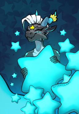 anthro crown eyes_closed fangs female headgear holding_object horn markings mohawk pattern_background simple_background smile solo spots spotted_body star teeth stirren stirren_(stirren) kobold scalie hi_res