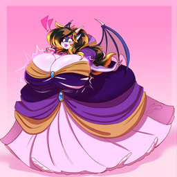 anthro armwear ball_gown beverage big_breasts black_hair blonde_highlights blush breast_expansion breasts clothing container cup elbow_gloves exclamation_point expansion female frilly frilly_clothing gloves hair handwear highlights_(coloring) horn huge_breasts hyper hyper_breasts jewelry juliet_sleeves lipstick makeup motion_lines solo tea_cup wardrobe_malfunction wings ooo-belise-ooo mythology swissy dragon mythological_creature mythological_scalie scalie hi_res