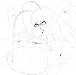 antennae_(anatomy) bangs big_breasts blush breasts claws cleavage cleavage_cutout clothed clothing cutout eyebrows eyewear female glasses hair huge_breasts long_claws long_hair looking_at_viewer markings mole_(marking) narrowed_eyes sharp_teeth simple_background smile solo sweater teeth topwear wearing_glasses white_background runewoof vtuber matara_kan animal_humanoid arthropod arthropod_humanoid humanoid insect insect_humanoid 2023 absurd_res digital_drawing_(artwork) digital_media_(artwork) greyscale half-length_portrait hi_res monochrome portrait sketch