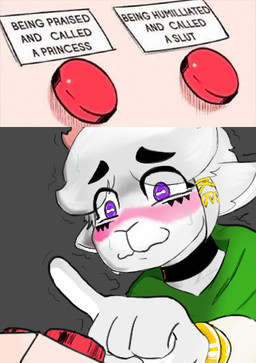 anthro aroused_face blush bodily_fluids broken_horn decision_making facial_markings gold_(metal) gold_jewelry head_markings horn jewelry male markings princess purple_eyes royalty shaking slutty_face solo sweat trembling airorm ramiro21 bovid caprine goat mammal low_res meme