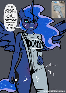 anthro anthrofied blush bodily_fluids breasts clothing dialogue female nipples solo spread_wings standing sweat text uncomfortable wings conditional_dnp jcosneverexisted brooklyn_sweater friendship_is_magic hasbro my_little_pony princess_luna_(mlp) equid equine horse mammal pony absurd_res english_text hi_res url