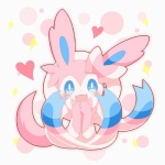 ambiguous_gender big_ears blue_eyes blush cute_fangs daww fangs feral fur heart_symbol looking_at_viewer paws pink_body pink_fur pink_paws ribbons simple_background smile solo star teeth white_body white_fur nell_two nintendo pokemon eeveelution generation_6_pokemon pokemon_(species) sylveon 1:1 pink_theme