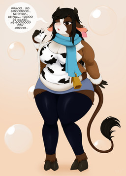 alternate_species animal_noises animal_noises_while_talking animal_print anthro anthrofied barn bell belly big_breasts black_hair black_horn black_tail_tuft blue_bottomwear blue_clothing blue_legwear blue_miniskirt blue_scarf blue_skirt blue_stockings bottle bottomwear breasts brown_body brown_clothing brown_eyes brown_fur brown_hair brown_hooves brown_jacket brown_topwear cleavage clothed clothing collar container cow_print cowbell dairy_products deep_navel ear_piercing ear_tag female food fur furrification growth hair head_horn hooves horn jacket leather leather_clothing leather_jacket leather_topwear legwear milk_bottle milk_container mooing multicolored_body multicolored_ears multicolored_fur navel overweight overweight_anthro overweight_female piercing scarf skirt snout solo species_change species_transformation speech_impediment stockings tail tail_tuft text thick_thighs topwear transformation tuft undersized_clothing weight_gain white_body white_fur mentalcrash bovid bovine cattle mammal absurd_res english_text hi_res