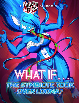 abs anthro athletic athletic_female big_breasts blue_hair breasts clothing female hair long_tongue looking_at_viewer simple_background skinsuit solo tail text thick_thighs tight_clothing tongue tongue_out kato777 hellaverse helluva_boss marvel mythology what_if...? loona_(helluva_boss) she-venom venom_(marvel) canid canid_demon canine demon hellhound mammal mythological_canine mythological_creature symbiote cover cover_art cover_page english_text hi_res