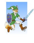 anthro blonde_hair blue_eyes clothing ears_up footwear fur hair hat headgear headwear holding_melee_weapon holding_object holding_shield holding_sword holding_weapon looking_at_viewer male melee_weapon running shield shoes solo sword tail weapon white_body white_fur yellow_body yellow_fur bartek22 nintendo the_legend_of_zelda chris_the_fox_(bartek22) link 4:5 hi_res