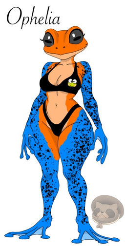 3_fingers 3_toes anthro blue_body blue_skin bra breasts cleavage clothed clothing feet female fingers logo membrane_(anatomy) navel non-mammal_breasts non-mammal_navel orange_body orange_skin smile solo thong toes underwear webbed_feet witchchylde amphibian frog poison_dart_frog artist_logo watermark